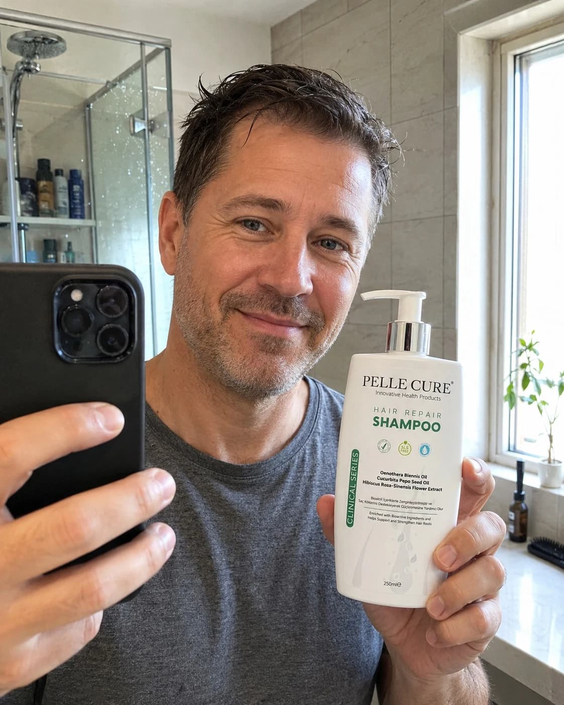 A user caring for their hair with Pellecure shampoo